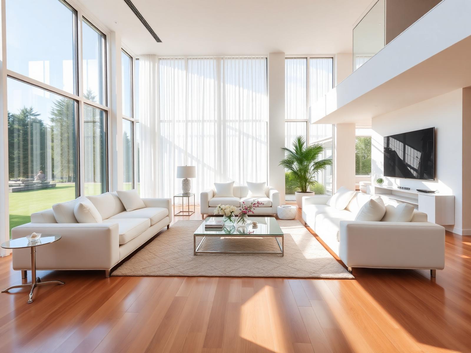A sparkling, sunlit modern living room cleaned by Sparkle Cleaning Services